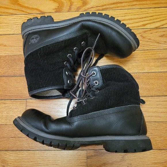 Timberland 8M Black‎ Leather Lace Up Ankle Boots Waterproof Foldover Corduroy - Picture 10 of 11